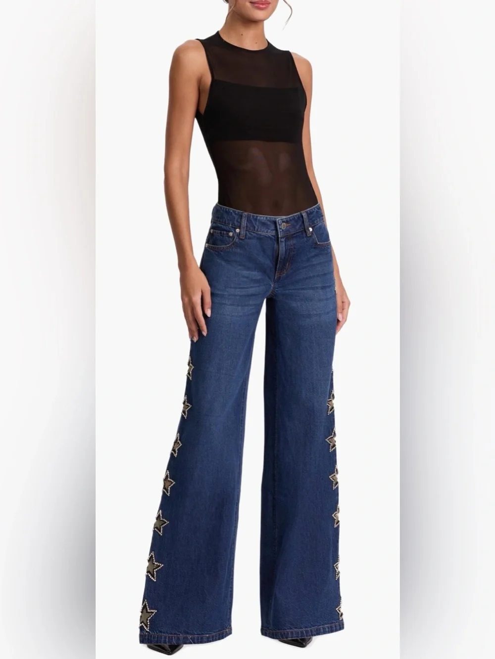 Alice + Olivia Dark Amazing Embellished Mid-Rise Baggy Jeans - Picture 5 of 7